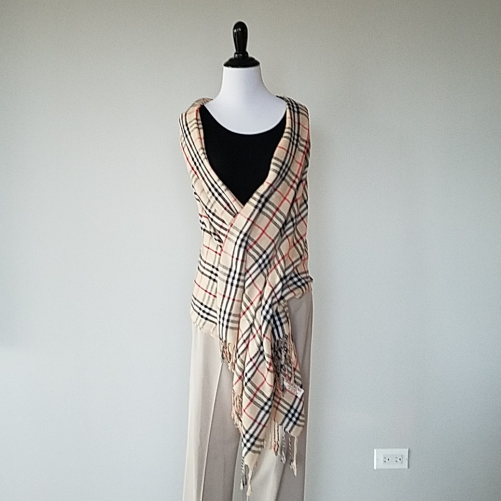 Plaid silk and pashmina wrap